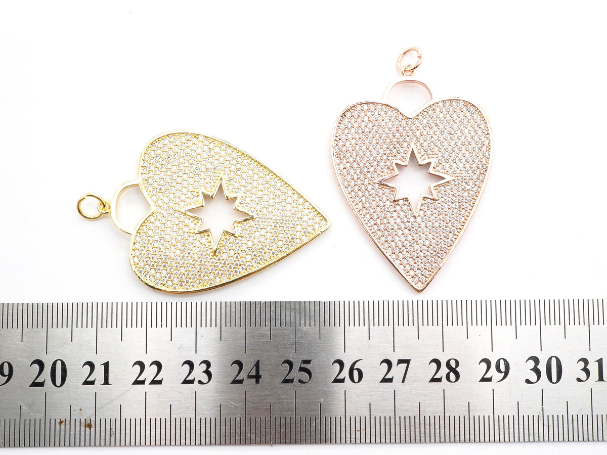 CZ Micro Pave Heart Pendant/Focal with Hollow out Star, Cubic Zirconia Large Heart Pendant Charm,48x33mm,sku#F519
