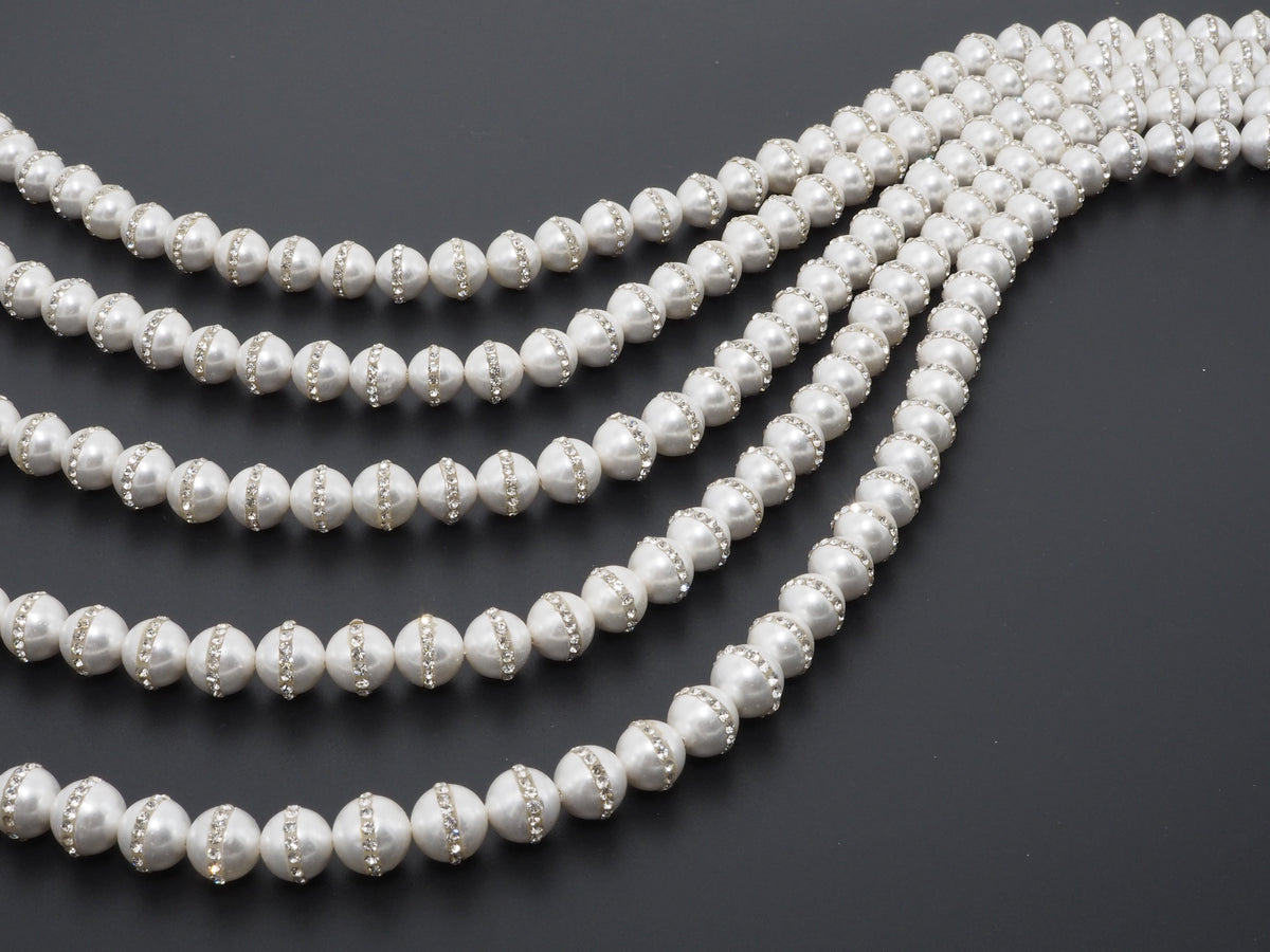 6mm/8mm/10mm/12mm Round Pearl with rhinestone inlaid, White
