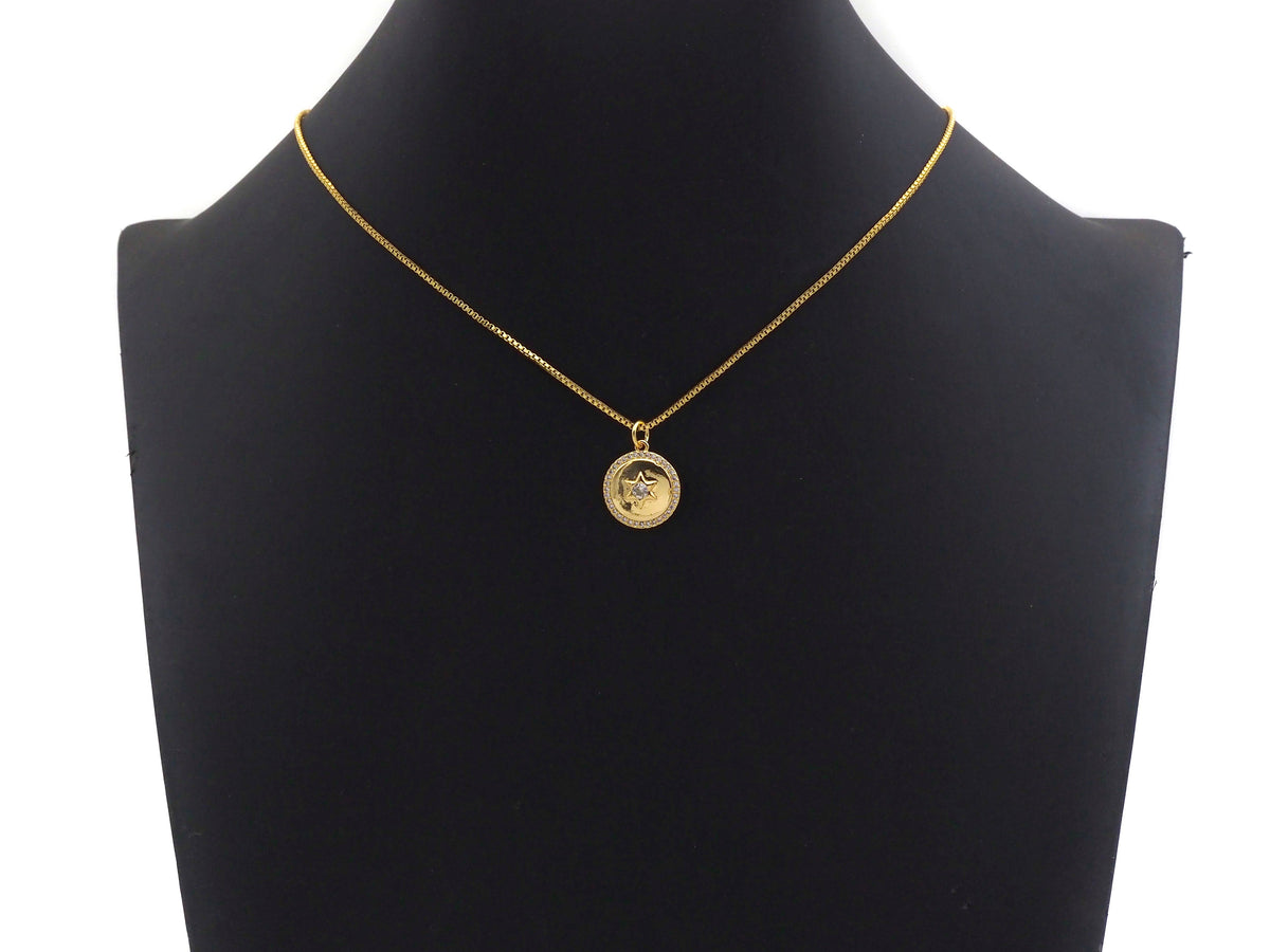 CZ Micro Pave Star On Round Coin Shape Pendant, Gold/Silver Plated Jewelry, Necklace Bracelet Charm Pendant, 14x16mm,sku#F1214
