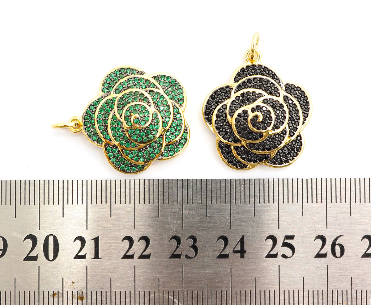 CZ Micro Pave 3D Rose Flower Pendant/Charm,Cubic Zirconia Paved Charm,Green/Fuchsia/Black,23x25mm,sku#F494