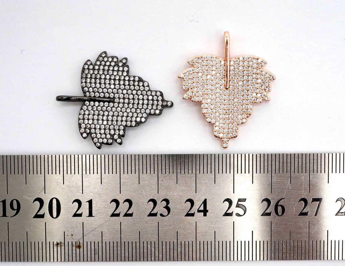 CZ Clear Micro Pave Leaf Charm Pendant, Leaf Shaped Pave Pendant, Gold/Rose Gold/Silver/Gunmetal plated, 31x36mm, Sku#F507