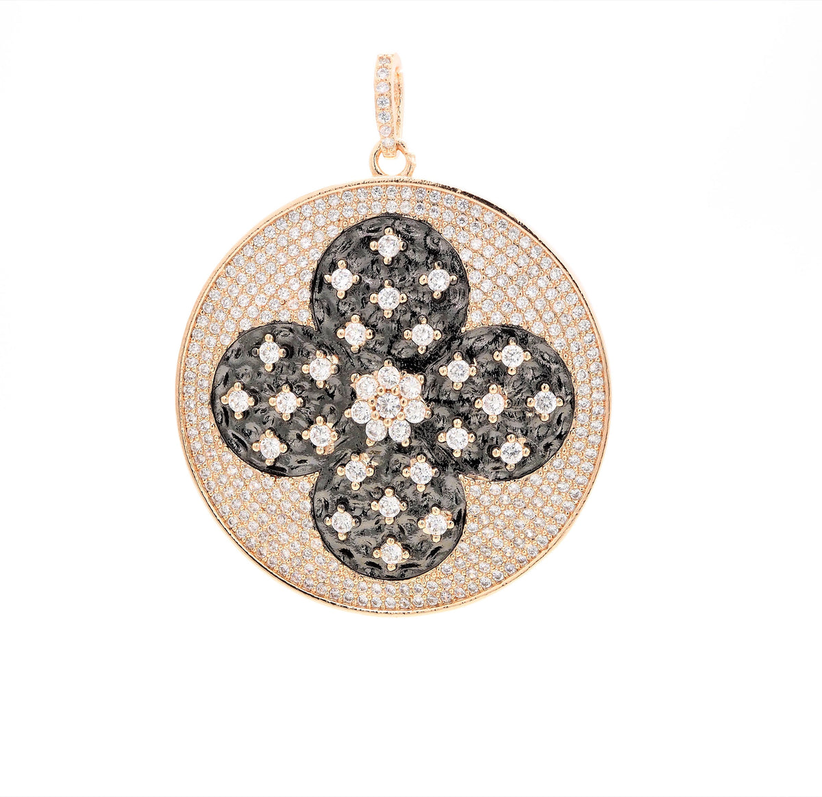 19mm/38mm CZ Dual Color Clover Flower Round Charm, Sku#F549c