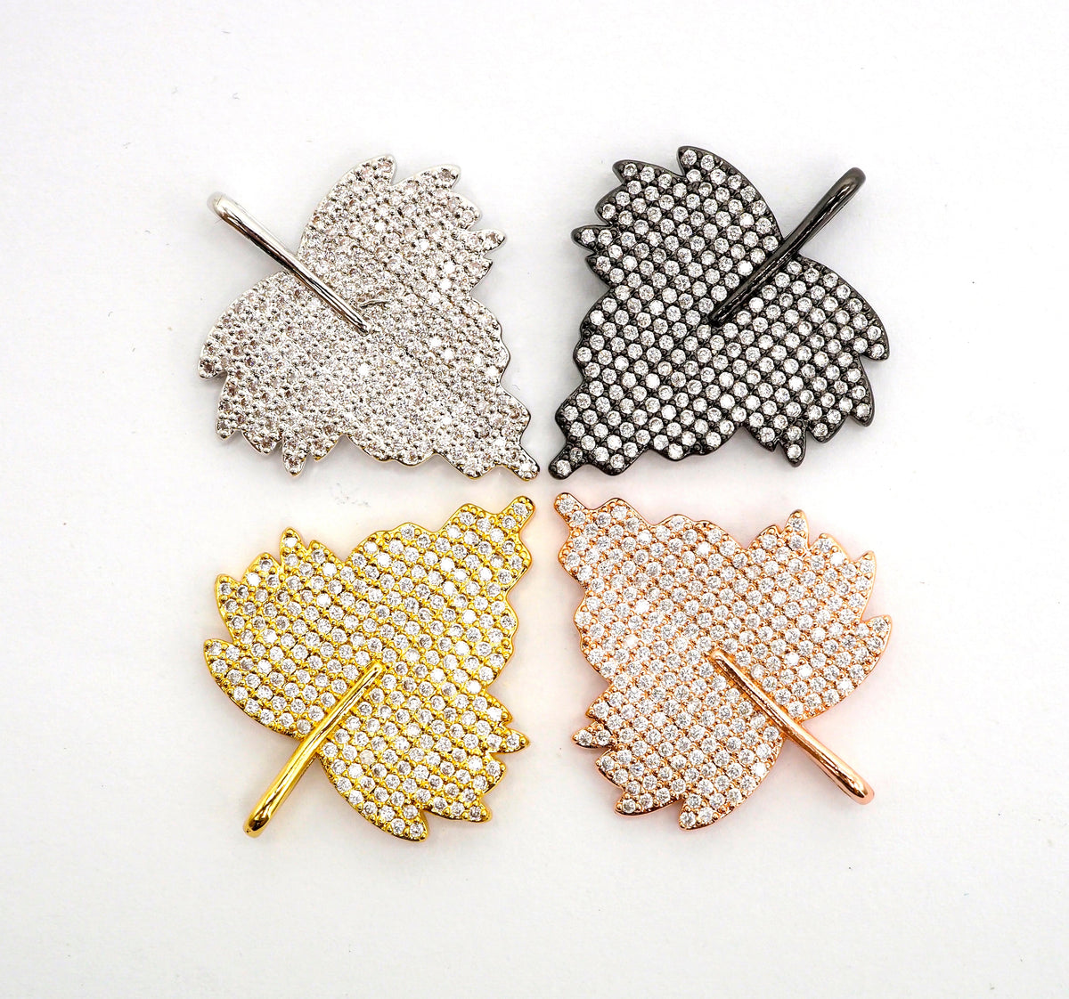 CZ Clear Micro Pave Leaf Charm Pendant, Leaf Shaped Pave Pendant, Gold/Rose Gold/Silver/Gunmetal plated, 31x36mm, Sku#F507
