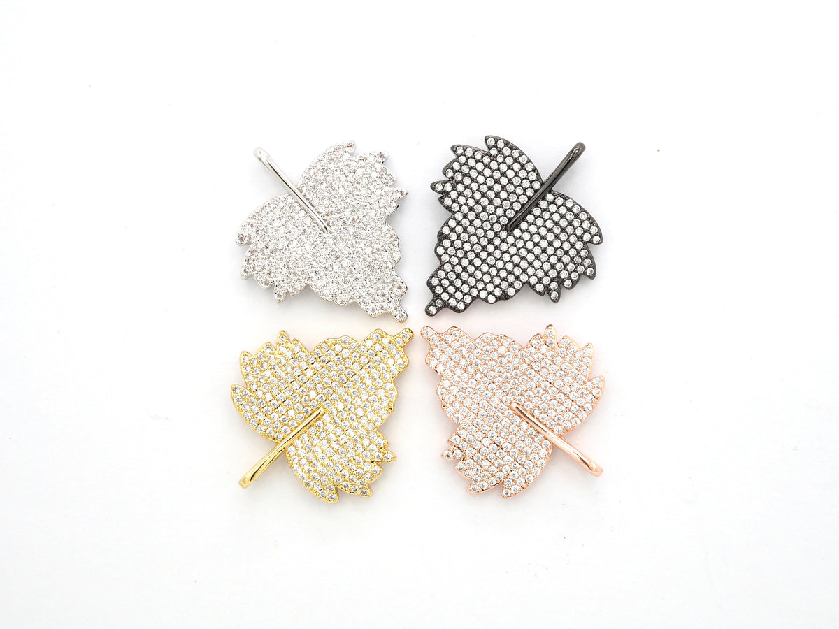 CZ Clear Micro Pave Leaf Charm Pendant, Leaf Shaped Pave Pendant, Gold/Rose Gold/Silver/Gunmetal plated, 31x36mm, Sku#F507