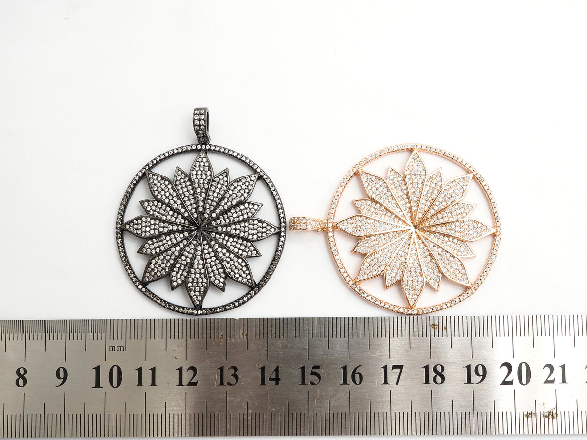 40mm Large CZ Micro Pave Hollow out Flower Round Disc Pendant, Cubic Zirconia Rose Gold/Gold/Silver/Black Focal Pendant, 46x43mm, F546C