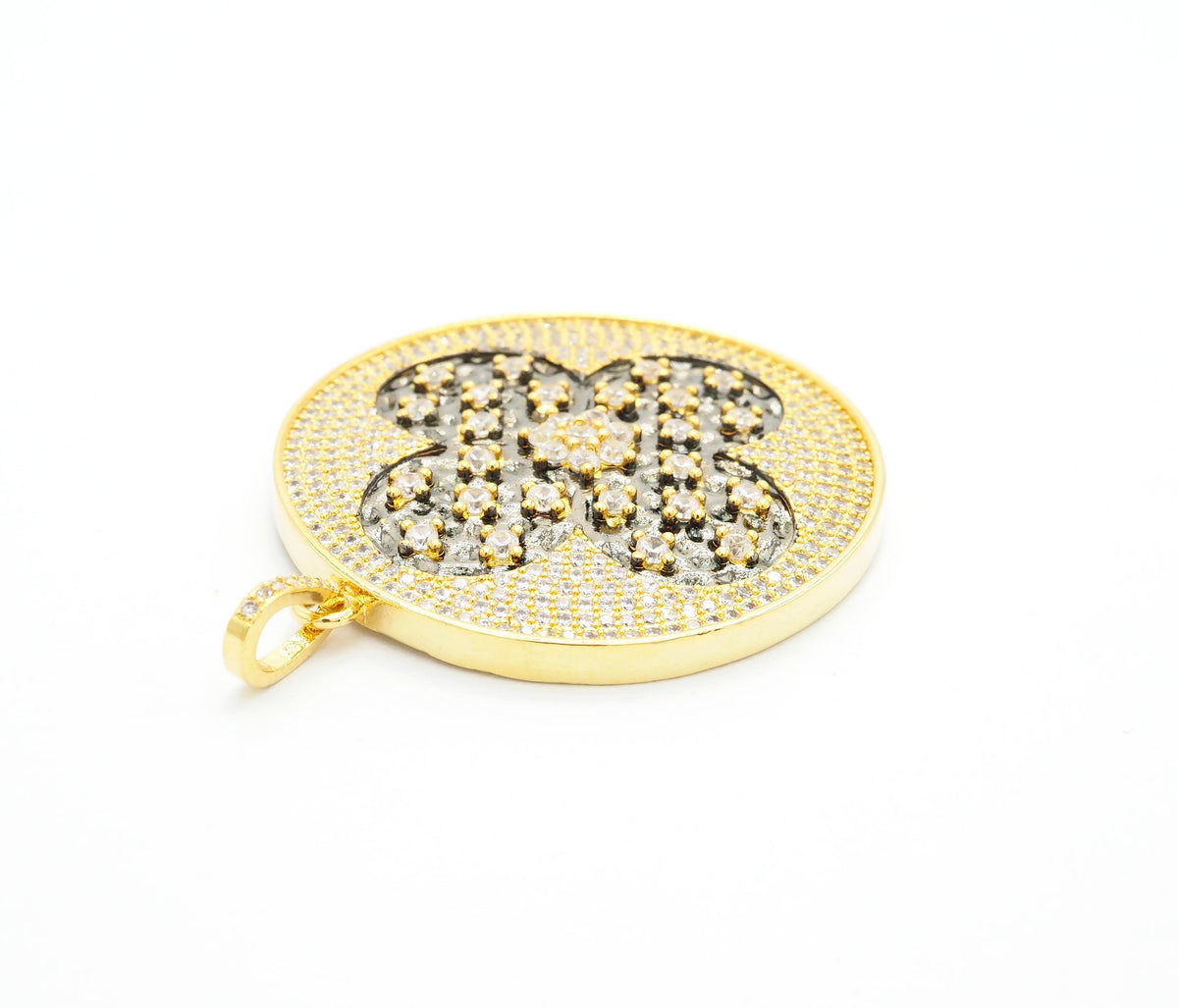 19mm/38mm CZ Dual Color Clover Flower Round Charm, Sku#F549c