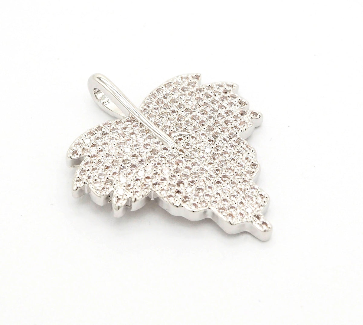 CZ Clear Micro Pave Leaf Charm Pendant, Leaf Shaped Pave Pendant, Gold/Rose Gold/Silver/Gunmetal plated, 31x36mm, Sku#F507