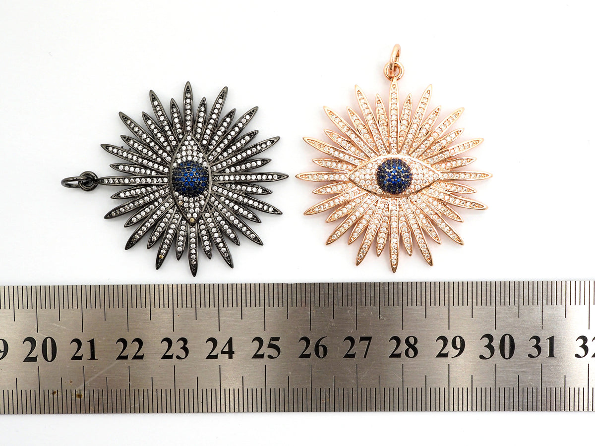 Large CZ Micro Pave Flower With Black Evil Eye Pendant/Charm,Cubic Zirconia Paved Charm/Focal, Necklace Charm Pendant, 43x46mm,sku#F497C