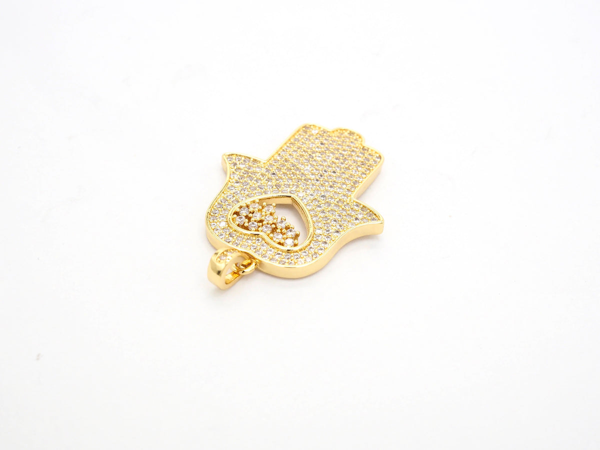 CZ Micro Pave Hamsa Hand with Heart Pendant, Cubic Zirconia Large Hamsa hand Pendant, Gold/Silver/Black/Rose Gold 27x35mm,SKU#F521
