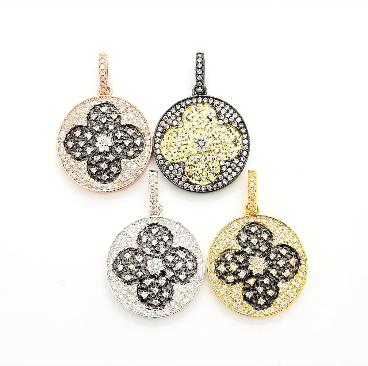 19mm/38mm CZ Dual Color Clover Flower Round Charm, Sku#F549c