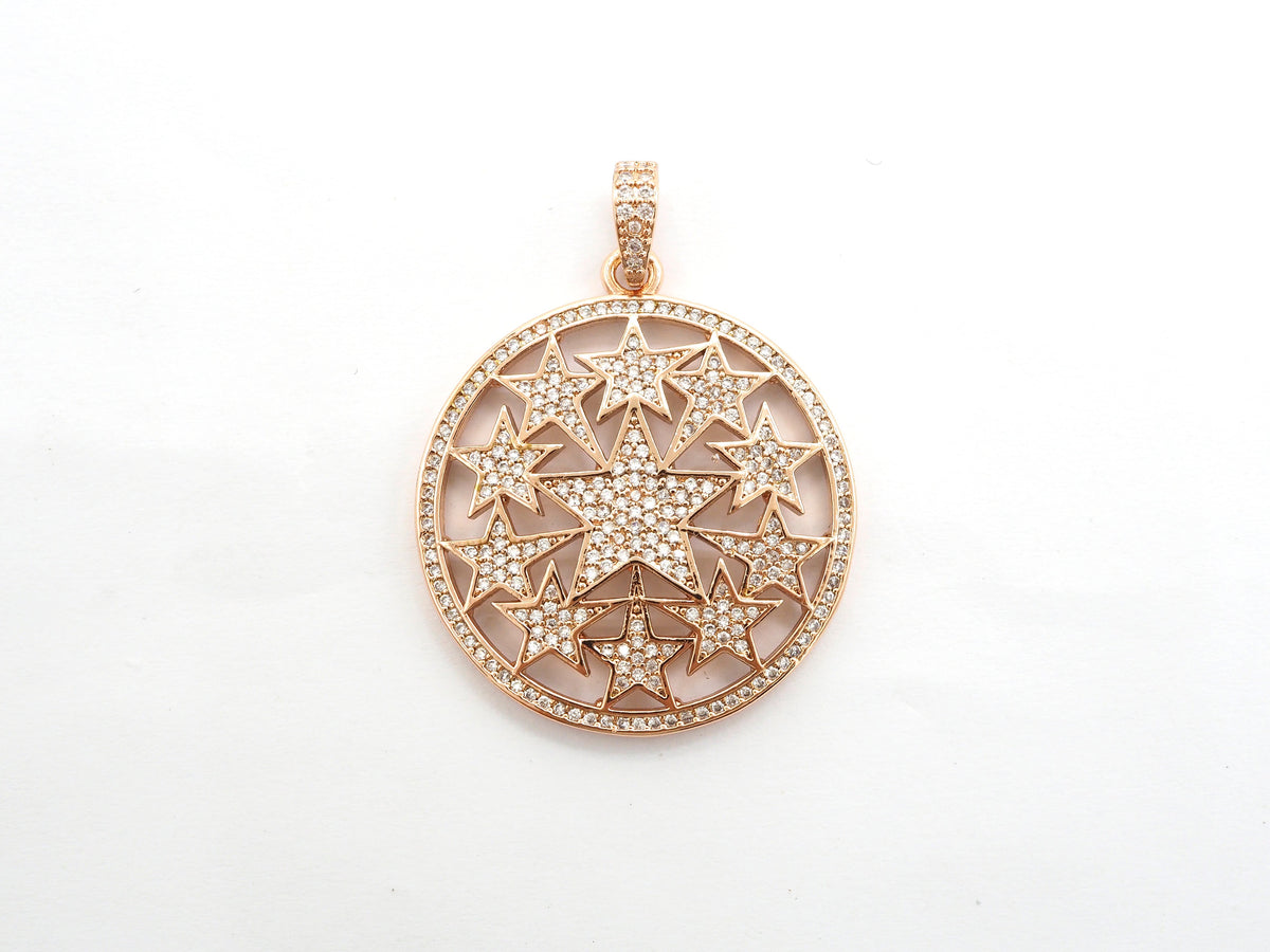 30mm Large CZ Micro Pave Hollow out Star Disc Pendant, Cubic Zirconia Filigree Rose Gold/Gold/Silver/Black Focal Pendant, 33x37mm, F547