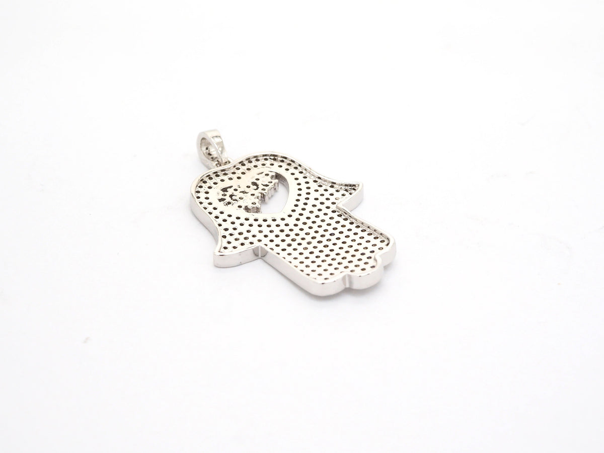 CZ Micro Pave Hamsa Hand with Heart Pendant, Cubic Zirconia Large Hamsa hand Pendant, Gold/Silver/Black/Rose Gold 27x35mm,SKU#F521