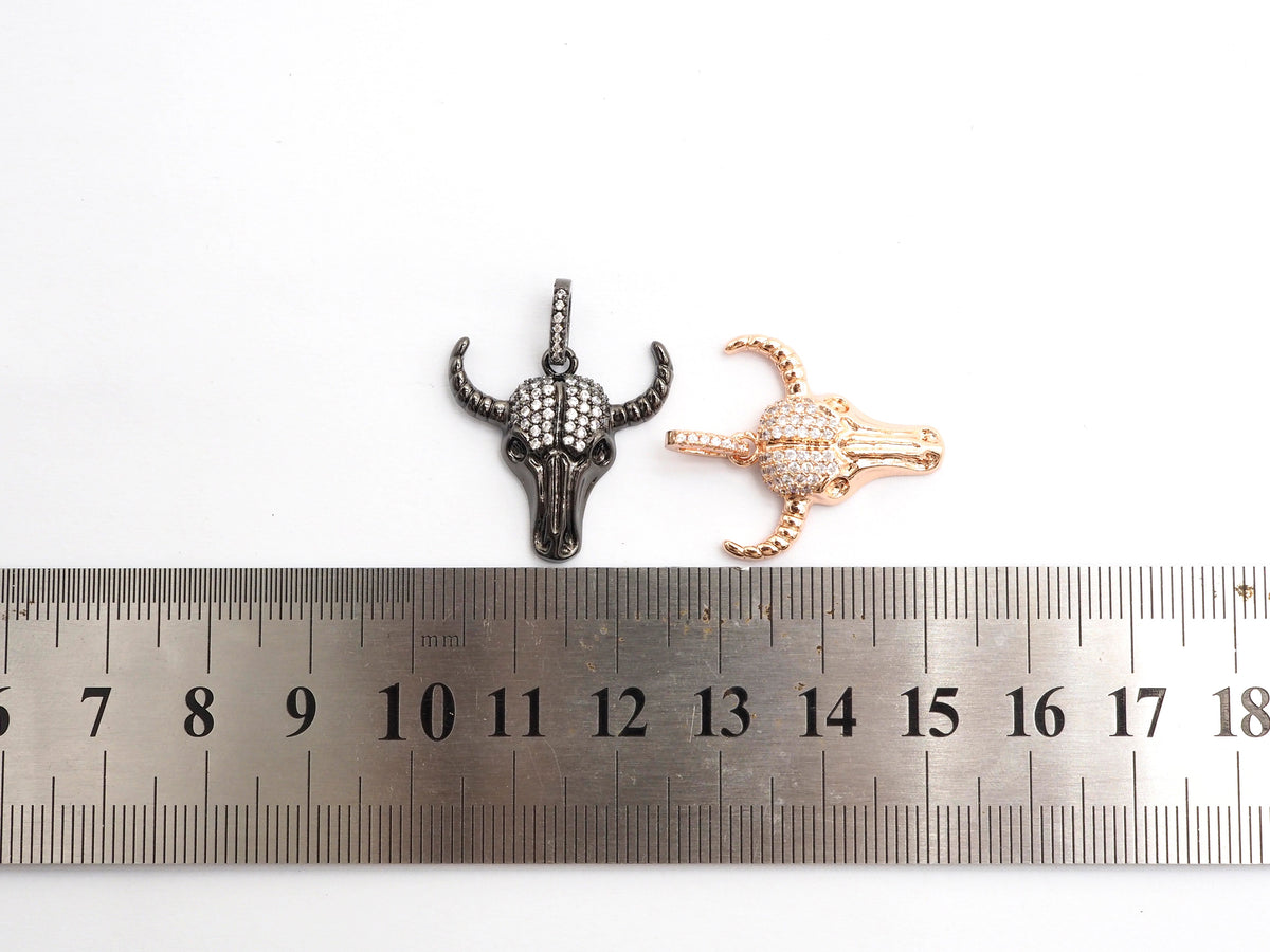 CZ Micro Pave Bull Skull Pendant, CZ Long Horn Charms,ox head, Bull Horn Charms, Antelope Head Pendant, Black/Rose Gold, 22mm,SKU#F548