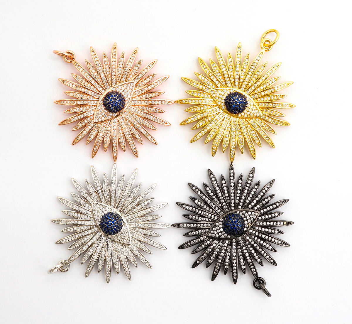 Large CZ Micro Pave Flower With Black Evil Eye Pendant/Charm,Cubic Zirconia Paved Charm/Focal, Necklace Charm Pendant, 43x46mm,sku#F497C