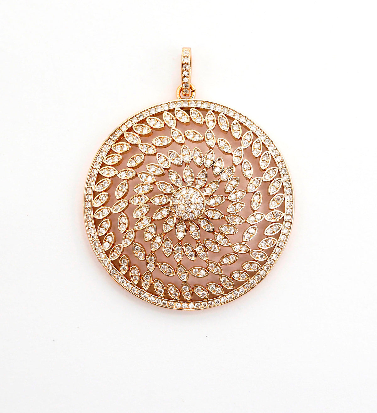 40mm Large CZ Micro Pave Hollow out Filigree Round Disc Pendant, Cubic Zirconia Rose Gold/Gold/Silver/Black Focal Pendant, 40x43mm, F498C