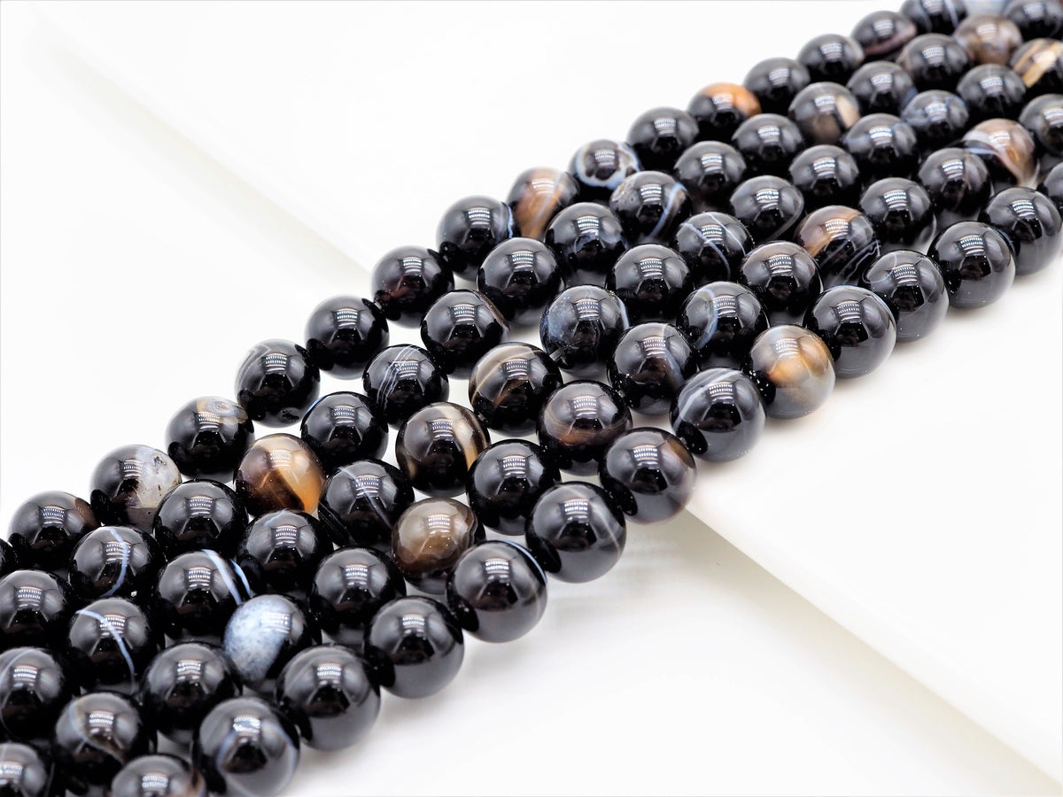 Black White Banded Agate Round Smooth Beads, 6mm/8mm/10mm/12mm beads, Agate Gemstone Beads, 15.5inch strand, SKU#U308