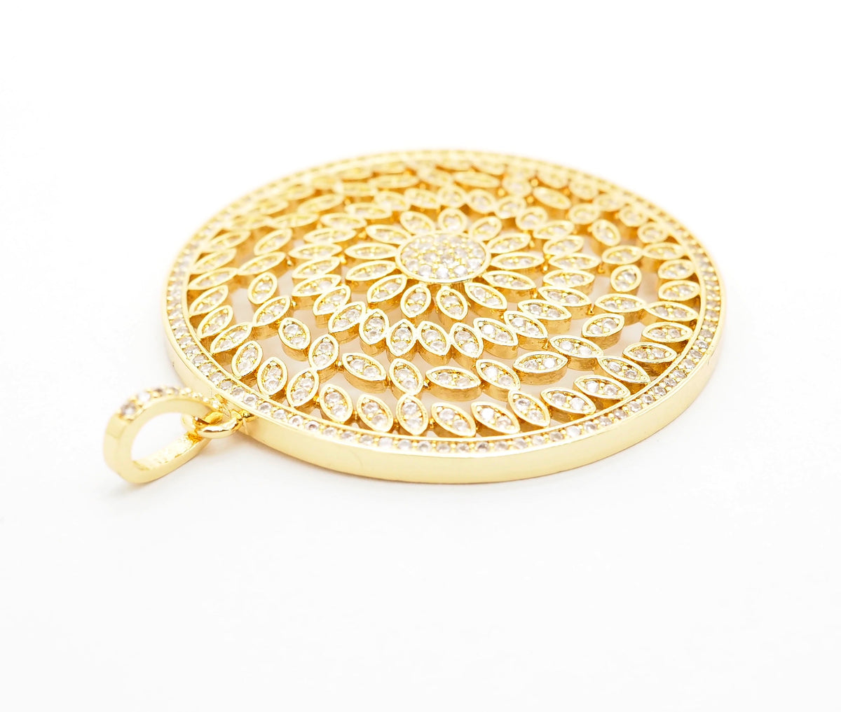 40mm Large CZ Micro Pave Hollow out Filigree Round Disc Pendant, Cubic Zirconia Rose Gold/Gold/Silver/Black Focal Pendant, 40x43mm, F498C