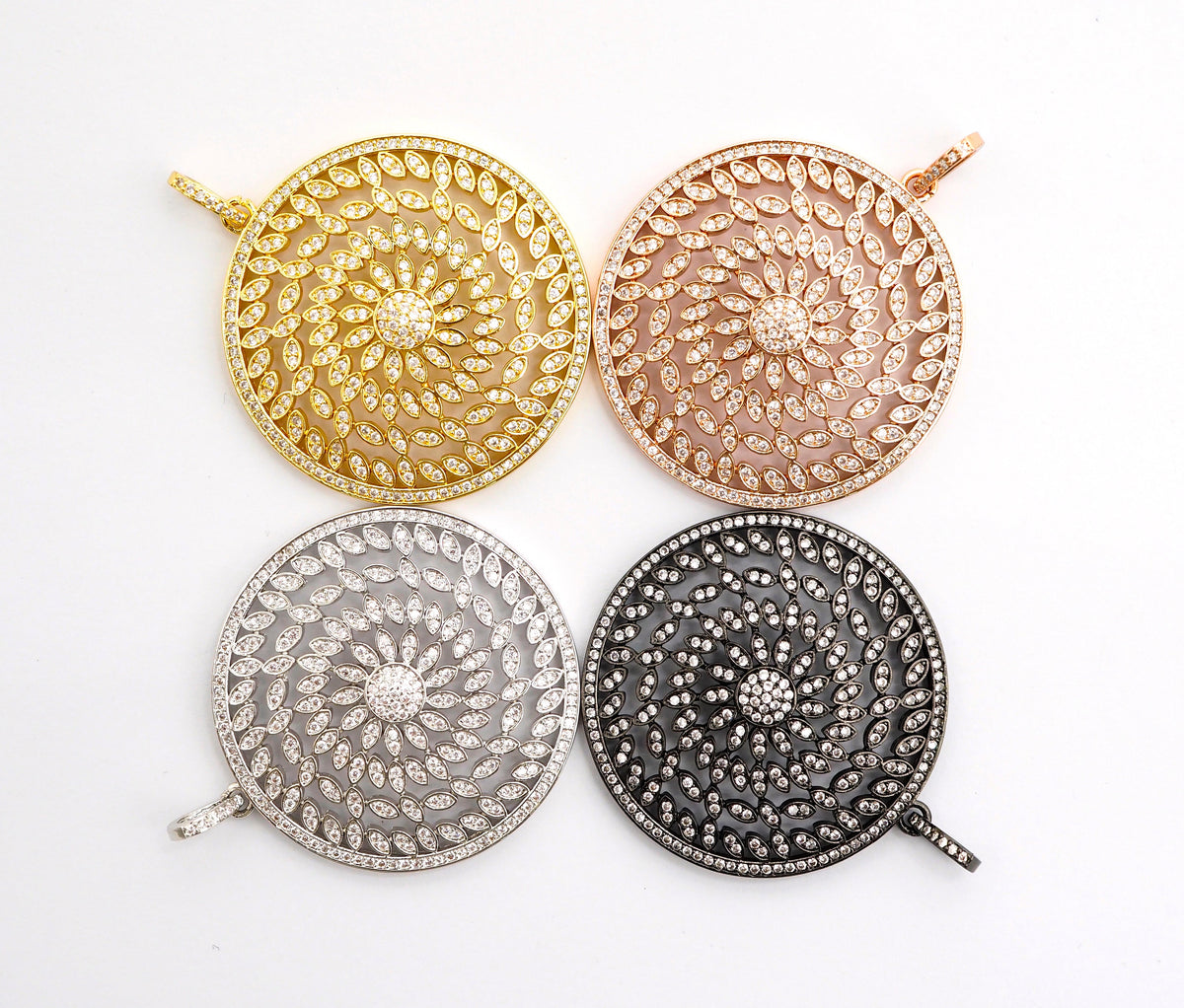 40mm Large CZ Micro Pave Hollow out Filigree Round Disc Pendant, Cubic Zirconia Rose Gold/Gold/Silver/Black Focal Pendant, 40x43mm, F498C