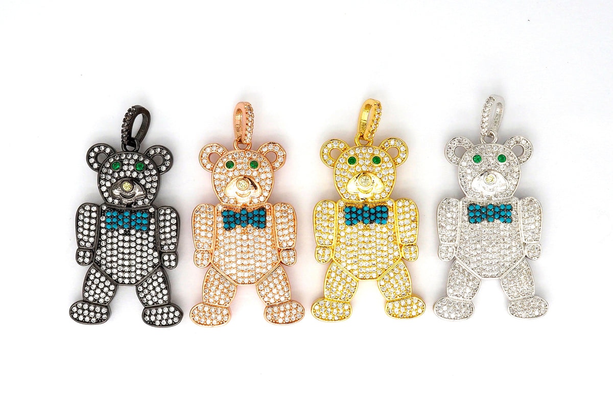 CZ Micro Pave Teddy Bear Pendant/Charm, Cubic Zirconia Focal Bear Pendant, Gold/Silver/Rose Gold/Black, 40mm, SKU#F516