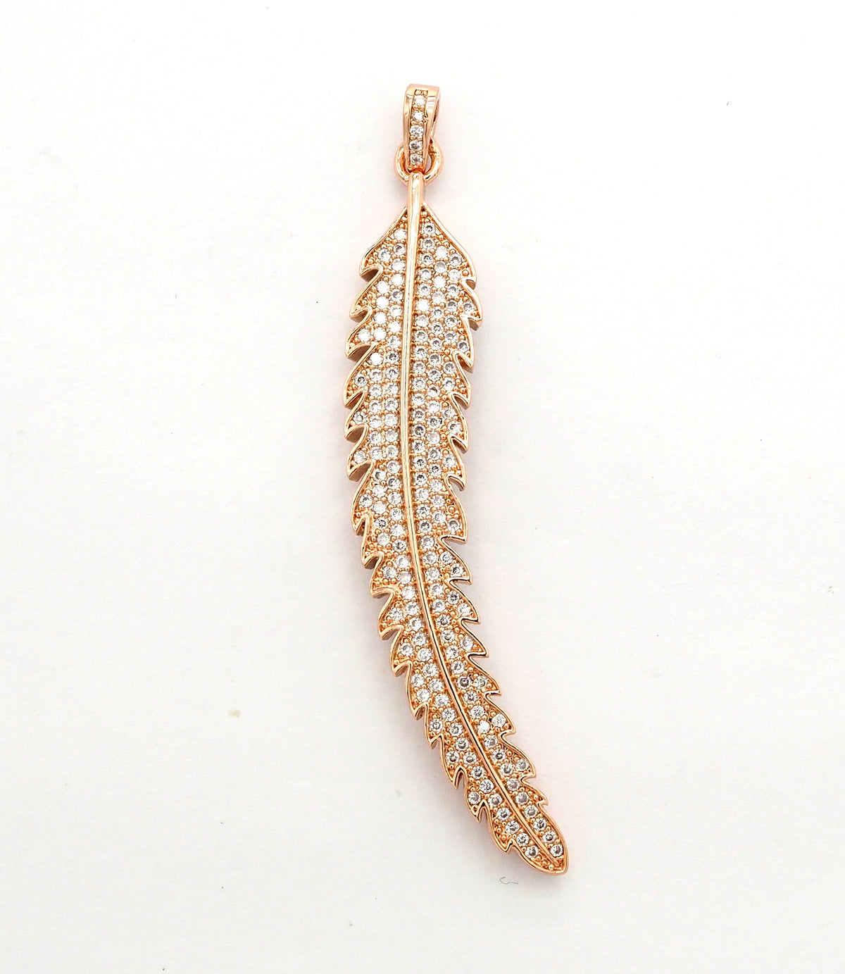61mm Long CZ Micro Pave Feather Leaf Pendant, Gold/Rose gold/Black/Silver,  Cubic Zirconia Pave Pendant/Charm,sku#F510