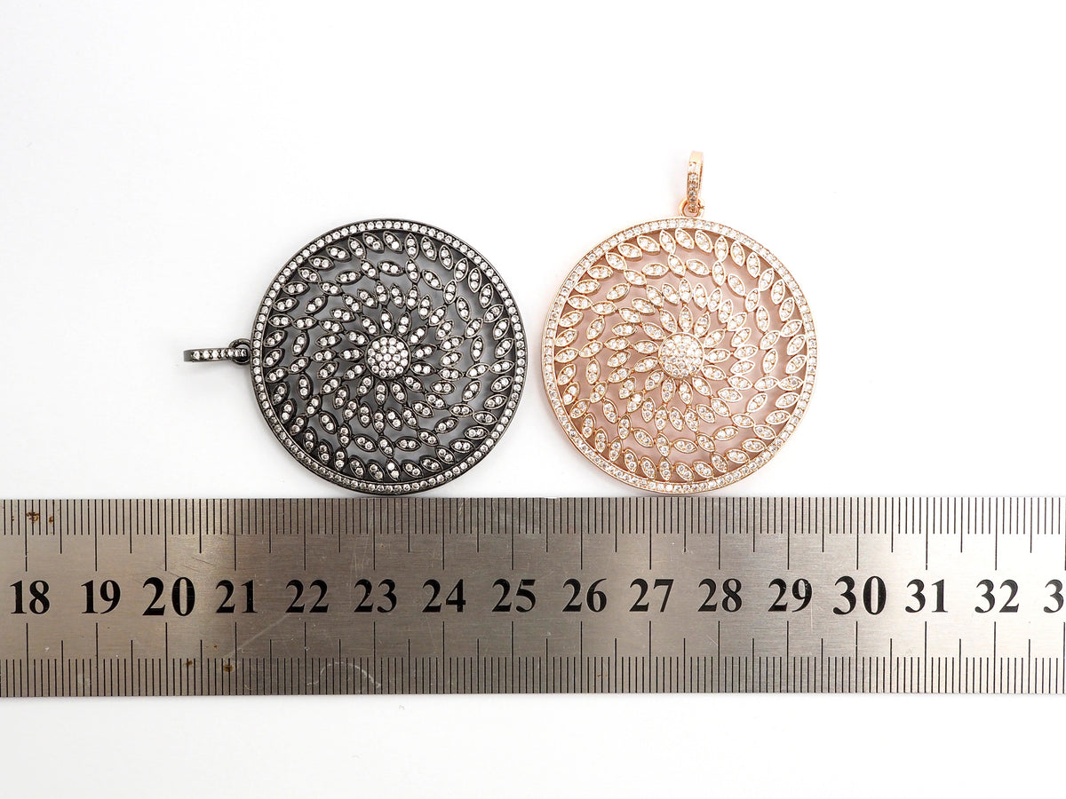 40mm Large CZ Micro Pave Hollow out Filigree Round Disc Pendant, Cubic Zirconia Rose Gold/Gold/Silver/Black Focal Pendant, 40x43mm, F498C