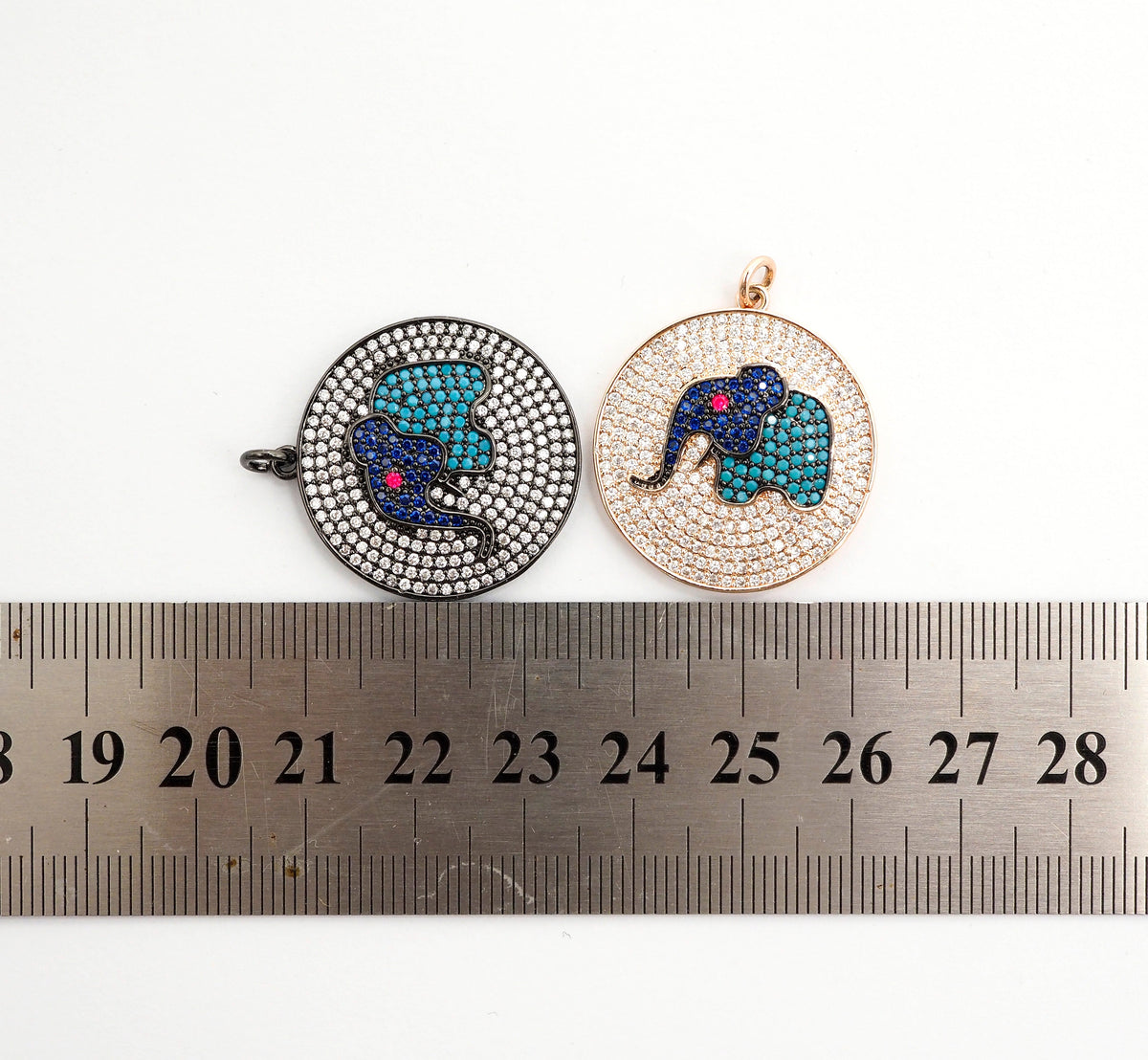 26mm CZ Micro Pave Elephant on Disc Pendant, Cubic Zirconia Elephant Charm/Pendant, Silver/Gold/Rose Gold/Black, 26x28mm, Sku#F499