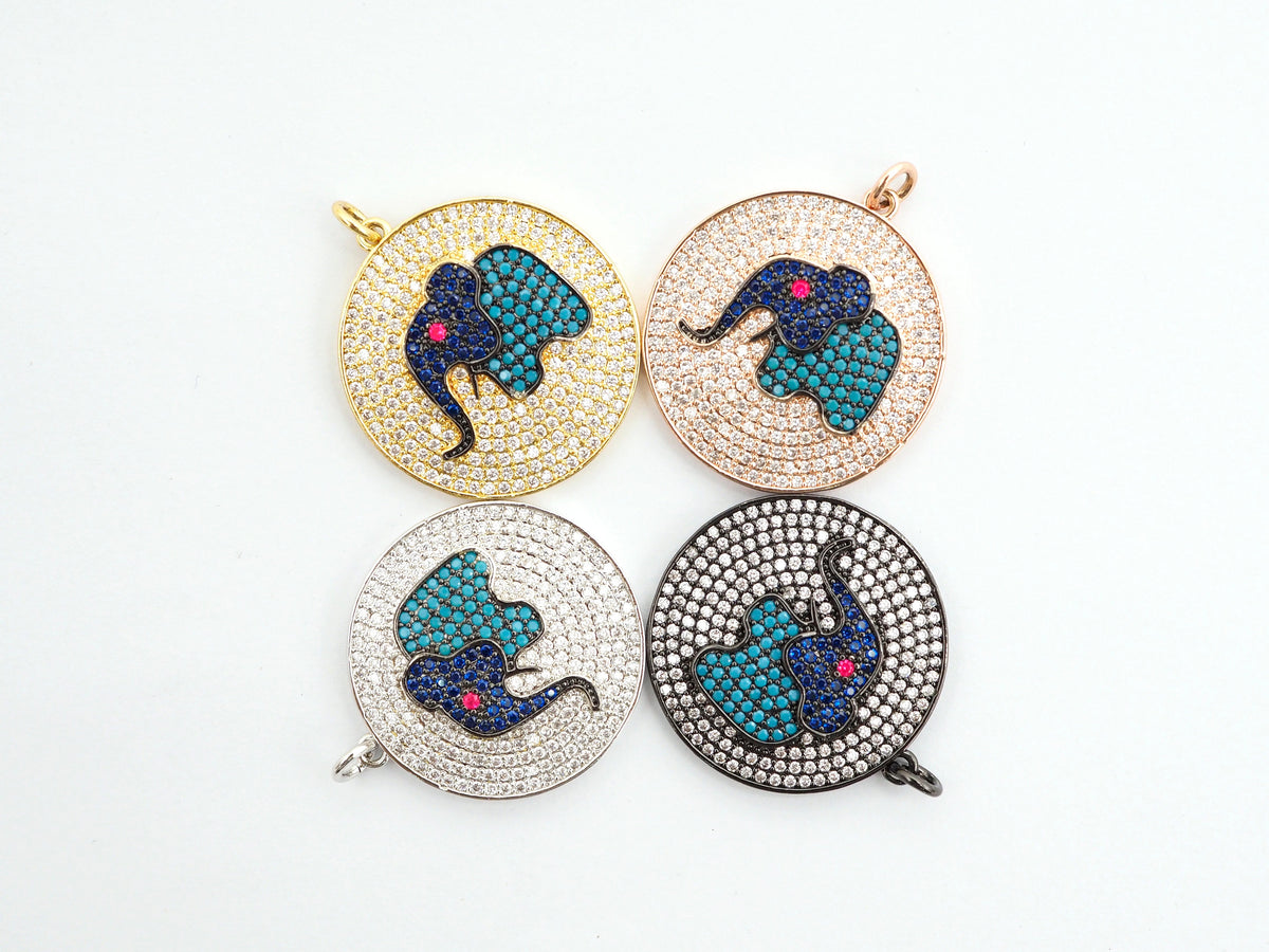 26mm CZ Micro Pave Elephant on Disc Pendant, Cubic Zirconia Elephant Charm/Pendant, Silver/Gold/Rose Gold/Black, 26x28mm, Sku#F499