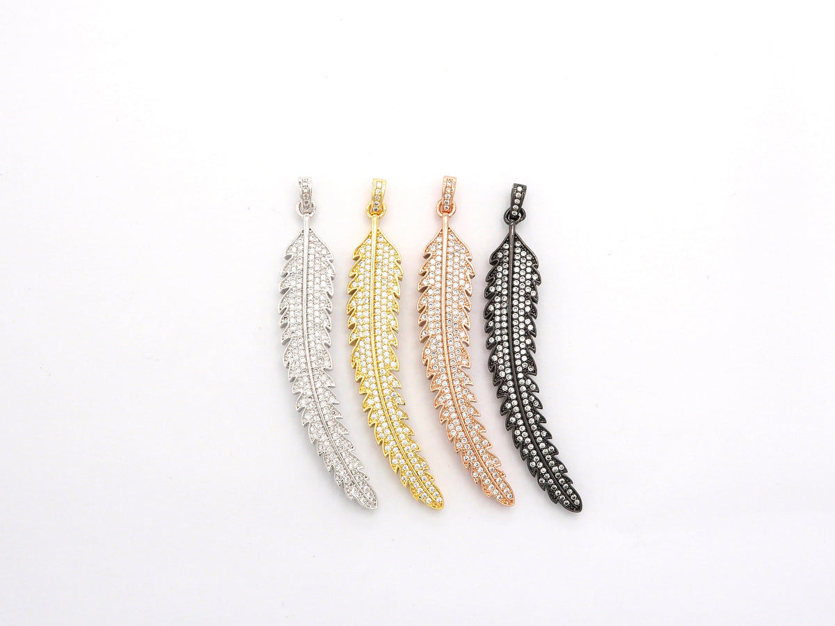 61mm Long CZ Micro Pave Feather Leaf Pendant, Gold/Rose gold/Black/Silver,  Cubic Zirconia Pave Pendant/Charm,sku#F510