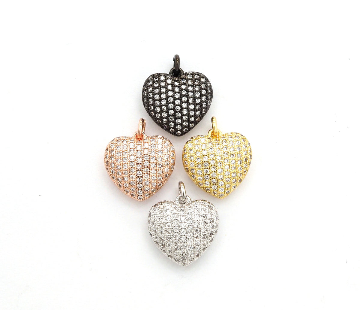 15mm CZ Micro Pave Puffy Heart Charm/Pendant, CZ Pave Charm in Gold/Rose Gold/Silver/Black Finish, Pave Heart Beads, sku#F524