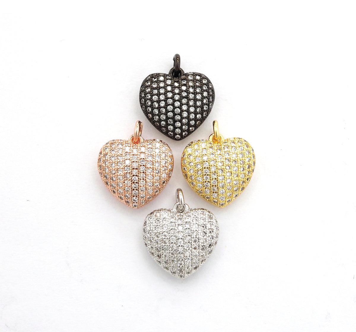 15mm CZ Micro Pave Puffy Heart Charm/Pendant, CZ Pave Charm in Gold/Rose Gold/Silver/Black Finish, Pave Heart Beads, sku#F524