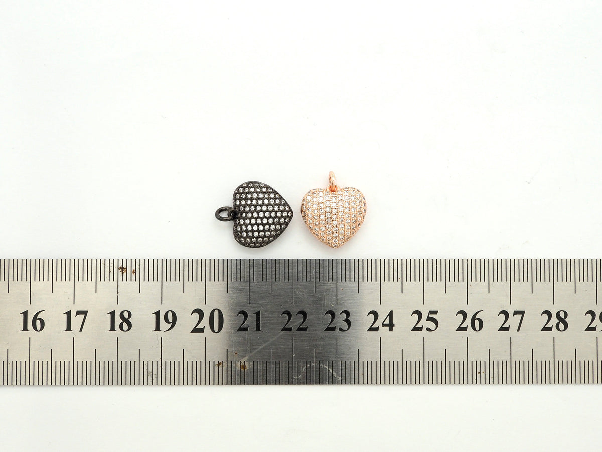 15mm CZ Micro Pave Puffy Heart Charm/Pendant, CZ Pave Charm in Gold/Rose Gold/Silver/Black Finish, Pave Heart Beads, sku#F524