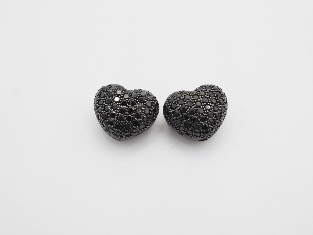 15mm Black CZ Micro Pave Puffy Heart Beads, CZ Pave Heart Beads Charm, Cubic Zirconia Heart Space Beads, SKU#C78