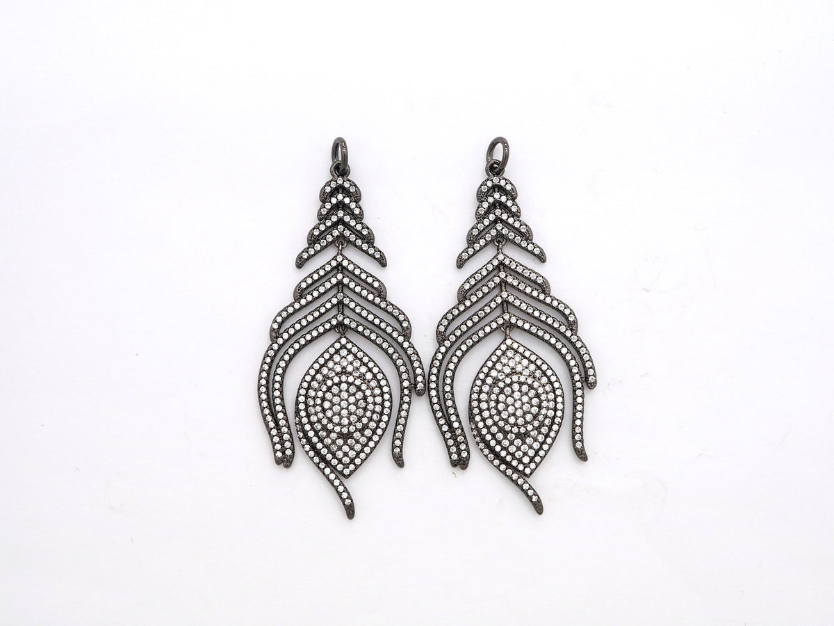 Large CZ Micro Pave Black Feather Pendant with  Evil Eye Beads,Cubic Zirconia pave Charm, Focal Pendant, 27x59mm,sku#F526