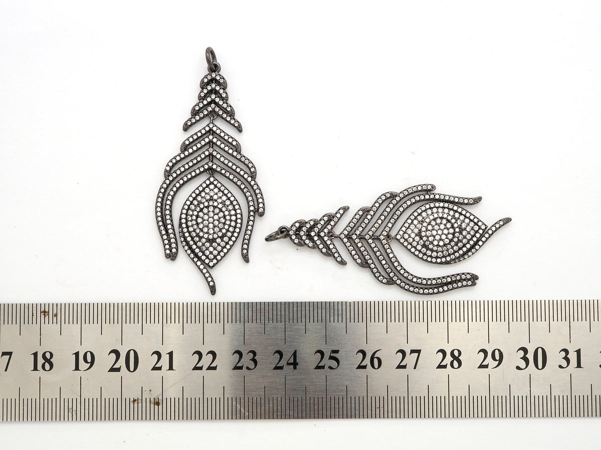 Large CZ Micro Pave Black Feather Pendant with  Evil Eye Beads,Cubic Zirconia pave Charm, Focal Pendant, 27x59mm,sku#F526