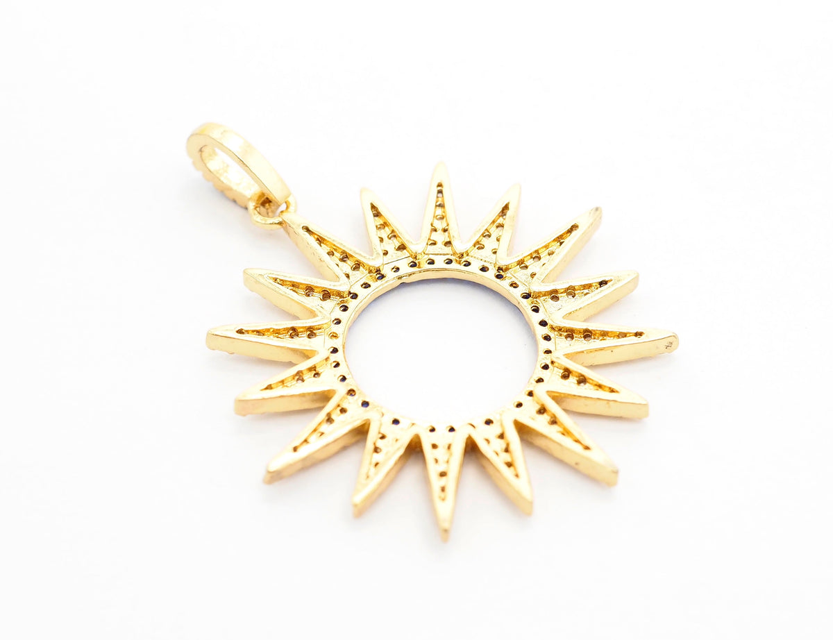 CZ Micro Pave Gold Plated Sun Flower Pendant,Cubic Zirconia Green/Turquoise/Fuchsia/Cobalt/Rainbow Color Charm, 33x36mm,sku#F504