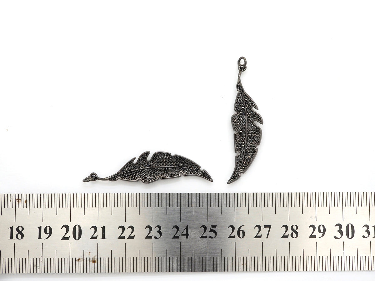 Black CZ Pave On Black Micro Pave Feather/Leaf Pendant/Charm,Cubic Zirconia Pendant,Fashion Jewelry Findings, 12x46mm, sku#F532