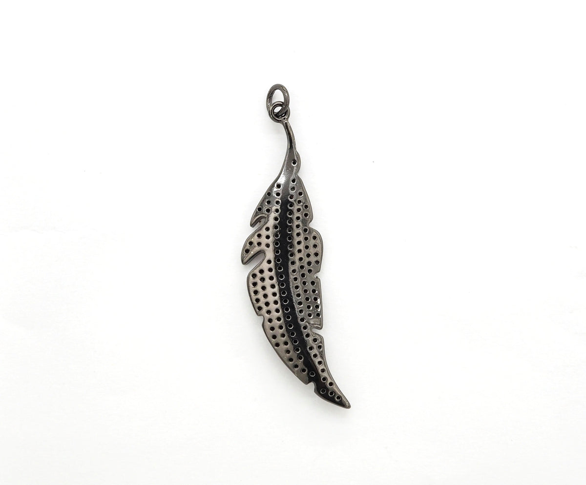 Black CZ Pave On Black Micro Pave Feather/Leaf Pendant/Charm,Cubic Zirconia Pendant,Fashion Jewelry Findings, 12x46mm, sku#F532