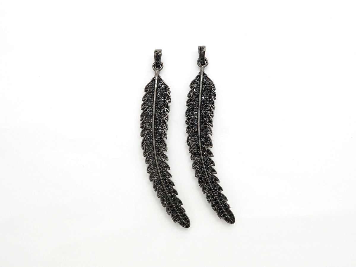 Black CZ Pave On Black Micro Pave LONG Feather/Leaf Pendant/Charm,Cubic Zirconia Pendant,Fashion Jewelry Findings, 11x61mm, sku#F534