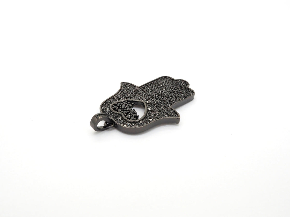 Black CZ Pave On Black Micro Pave Hamsa Hand with Heart Pendant/Charm,Cubic Zirconia Pendant,Fashion Jewelry Findings, 27x35mm, sku#F539
