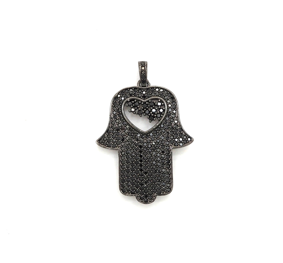 Black CZ Pave On Black Micro Pave Hamsa Hand with Heart Pendant/Charm,Cubic Zirconia Pendant,Fashion Jewelry Findings, 27x35mm, sku#F539