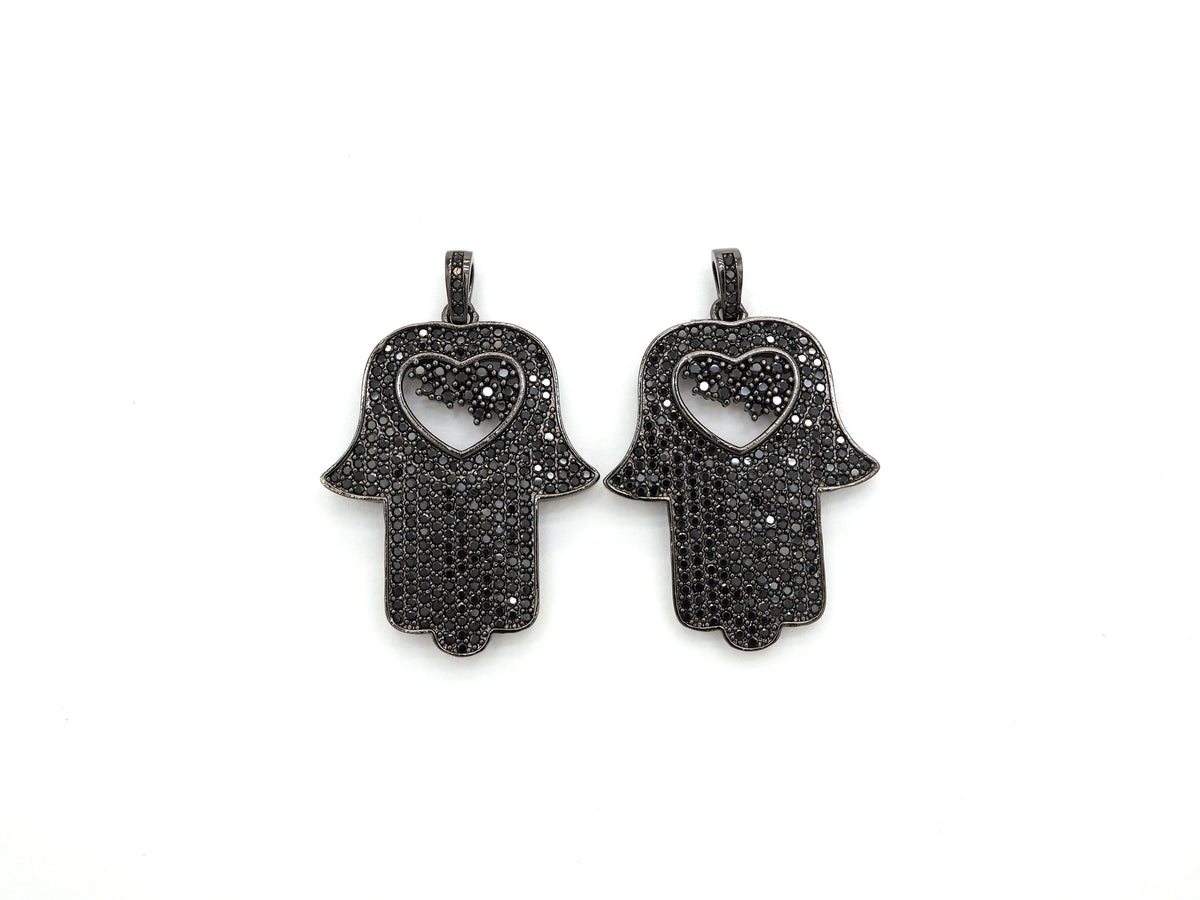 Black CZ Pave On Black Micro Pave Hamsa Hand with Heart Pendant/Charm,Cubic Zirconia Pendant,Fashion Jewelry Findings, 27x35mm, sku#F539
