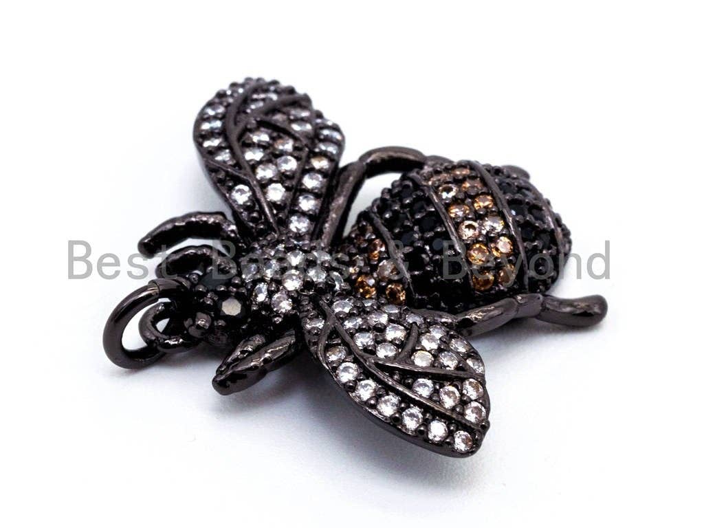 Bumble BEE Charm, CZ Micro Pave Inspired Insect Charm, Cubic Zirconia Pave Pendant,Gold/Rose Gold/Silver/Black, 22x28mm,SKU#F436