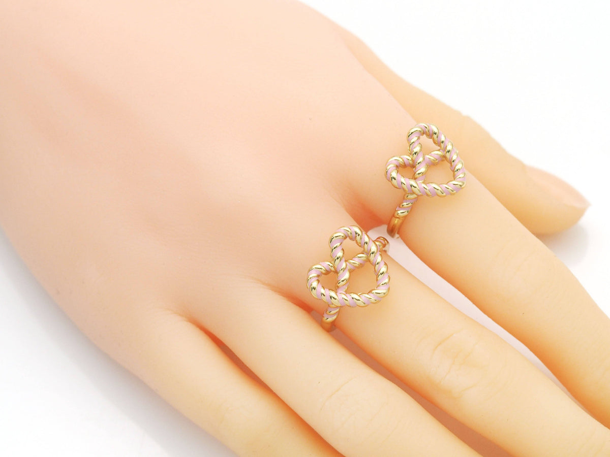 Gold Enamel Pink Twist Heart Adjustable Ring, Sku#B338