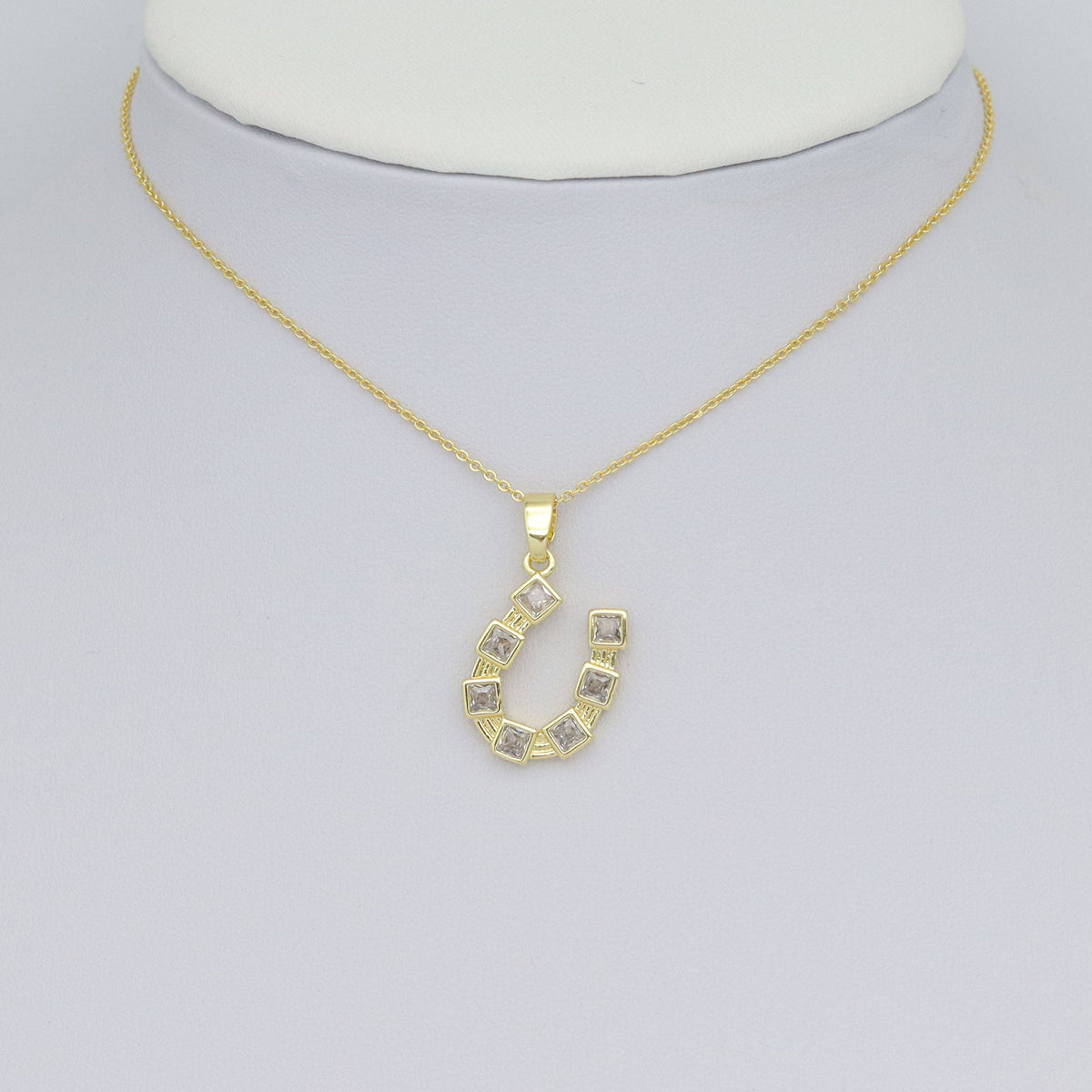 Clear Square CZ Gold horseshoe Shape Charm Pendant, Sku#LX760