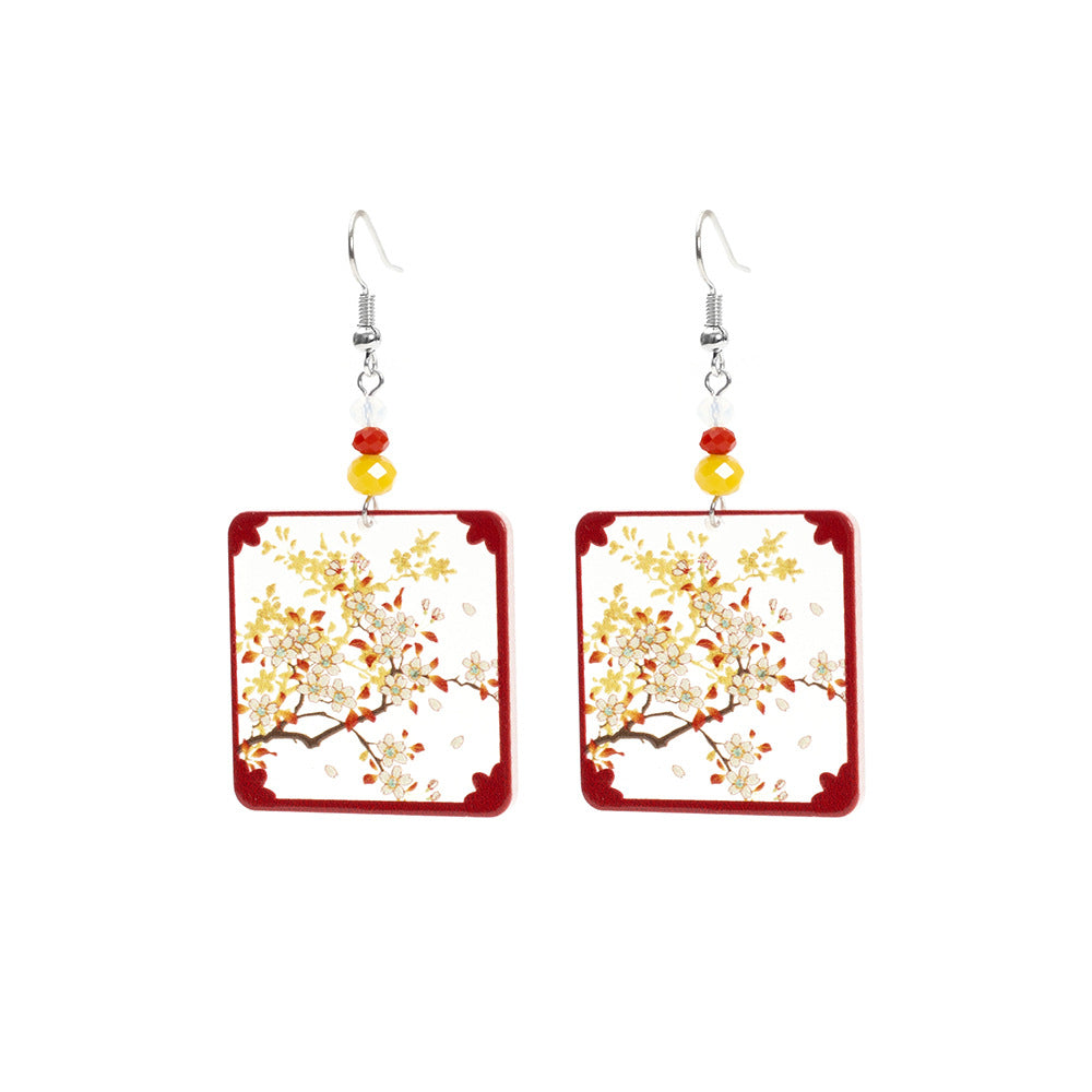 Designer Geometric Square Womens Branch And Flower Transparent Acrylic Earrings
