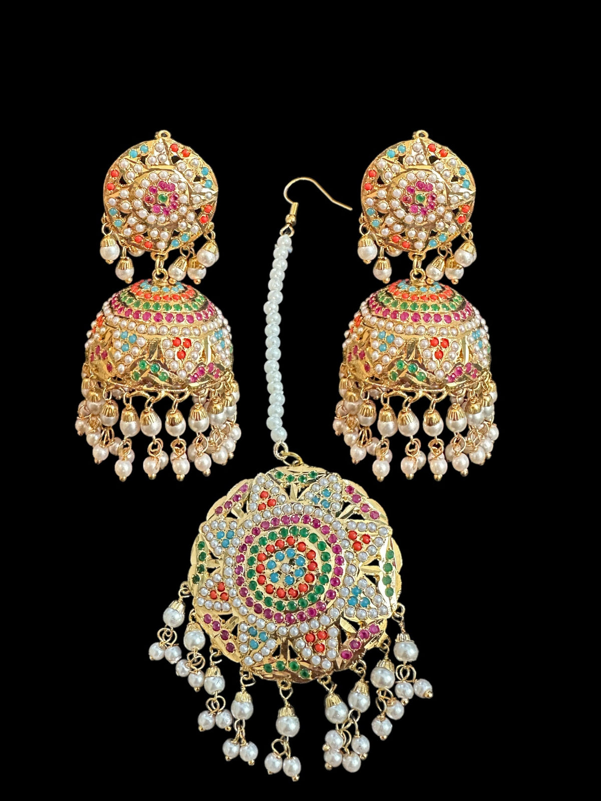 DJET62 Jadau jhumka in Navratan with pearls ( READY TO SHIP )