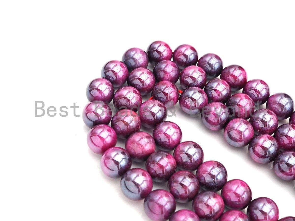 Mystic Plated Fuchsia Tiger Eye Beads, Round Smooth 10mm/12mm Fuchsia Tiger Eye, 15.5" Full Strand, sku#UA76