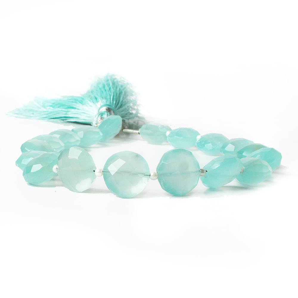 10mm Sea Blue Chalcedony faceted coin beads 8 inch 12 pieces A
