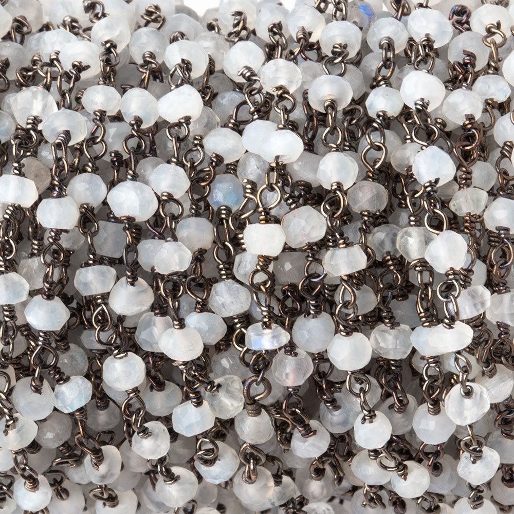 3mm Rainbow & White Moonstone faceted rondelle Black Gold Chain by the foot 36 pcs