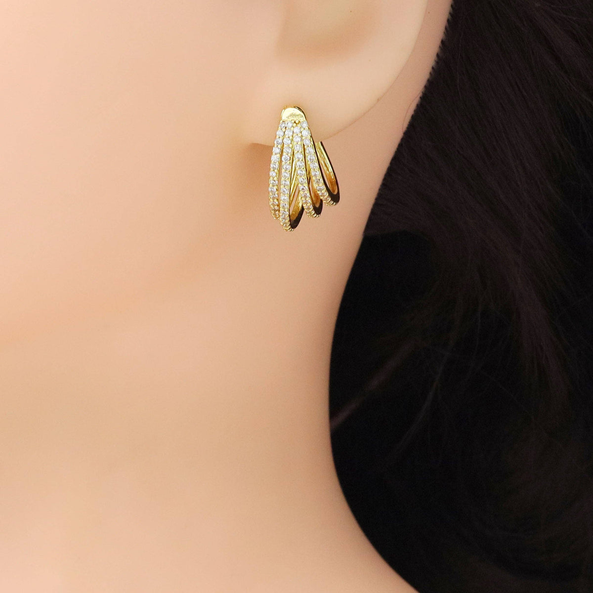 Clear CZ Four Lines Claw Stud Earrings, Sku#A413